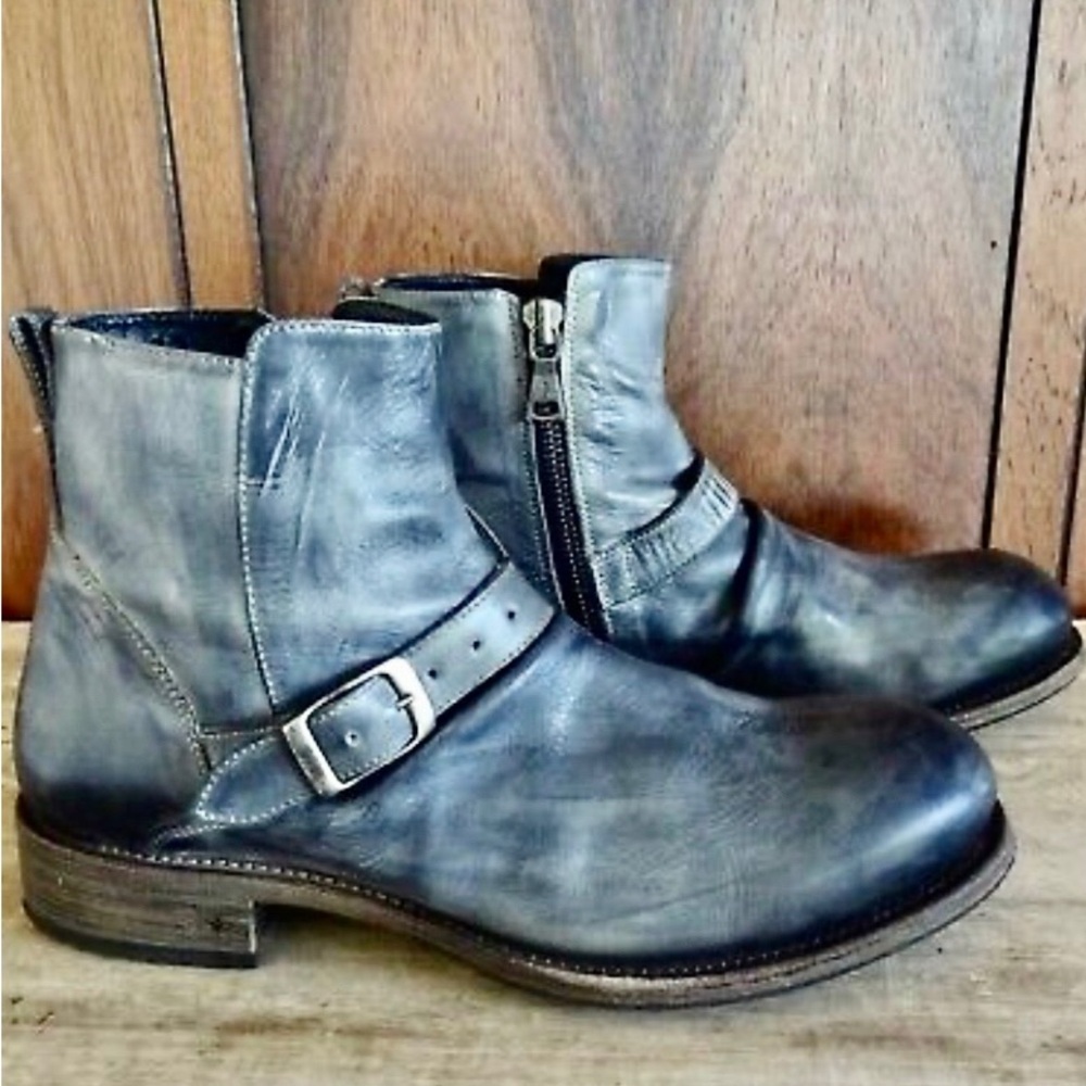 John Varvatos Gray Leather Engineer Moto Zip Ankle Buckle Boots Size 11